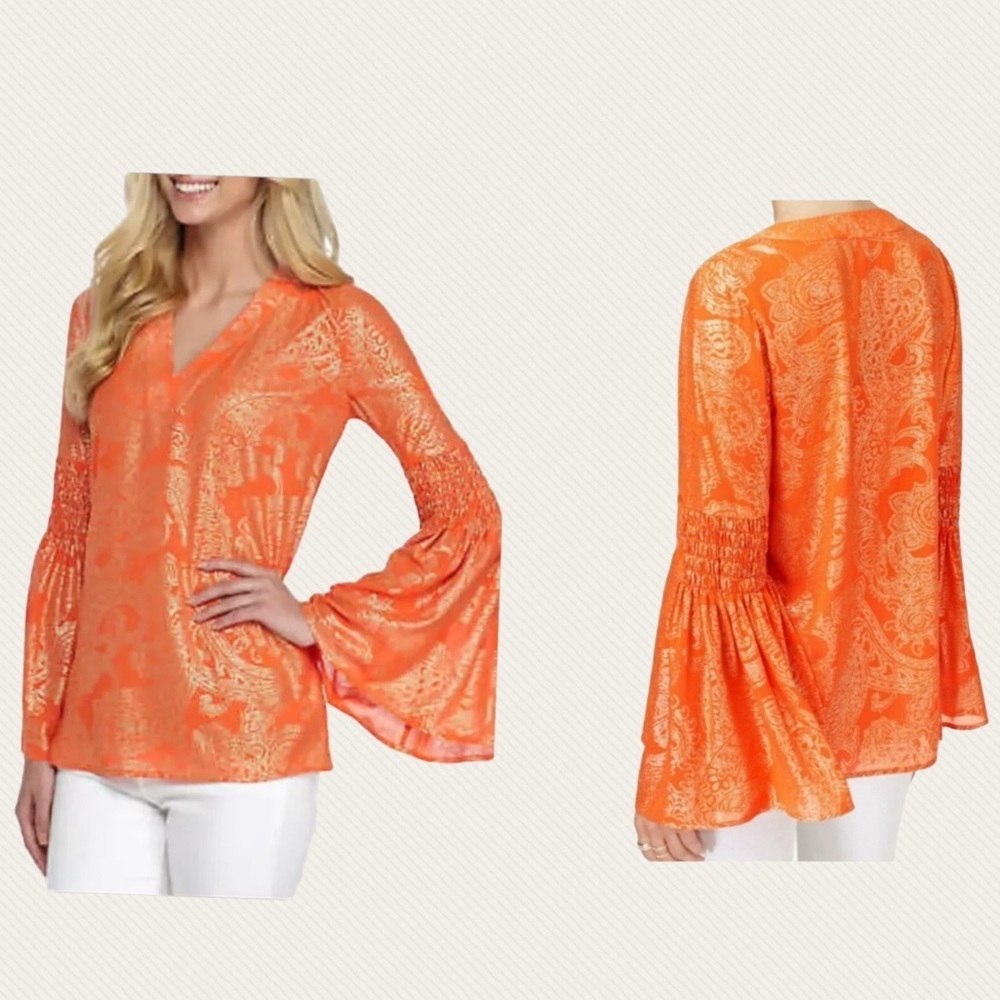 NWOT Michael Kor’s Tunic with Gathered Bell Sleeves and v-neck - Poppy/ Gold, XS